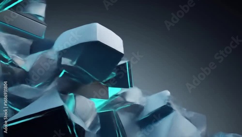 an abstract composition consisting of geometric shapes, resembling cubes and prisms, which overlap and interact with each other.