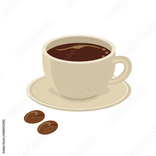 A Cup of Coffee with Coffee Beans on a Saucer Vector Illustration