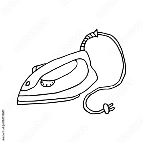 Electric iron for ironing clothes. Household appliance. Doodle. Vector illustration. Hand drawn. Outline.