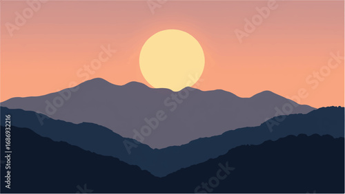 Beautiful Sunset Over Mountains. Illustration of Mountains Landscape with Sunset. 