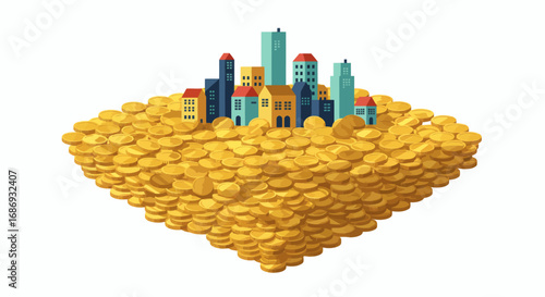 Floating City on Coins Representing Urban Development Fueled by Strong Financial Infrastructure and Growth