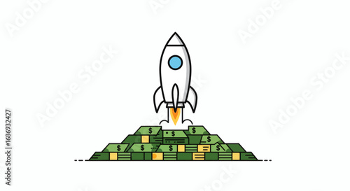 Rocket Launching from Coins Representing Rapid Financial Growth and Innovative Investment Strategies in Economy