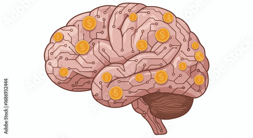 Human Brain Made from Coins and Circuits Representing Smart Financial Decision and Digital Wealth Management