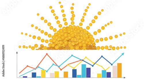 Rising Sun Made of Coins Over Financial Charts Representing New Economic Growth and Investment Opportunities