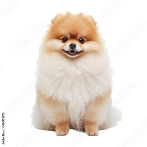 Adorable Pomeranian dog with fluffy fur sitting on a black background posing happy cute