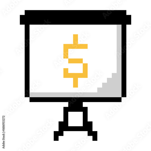 Pixel finance presentation icon vector for business reports, financial data, and economic charts. The retro, 8-bit aesthetic makes it useful for money management and investment themes.