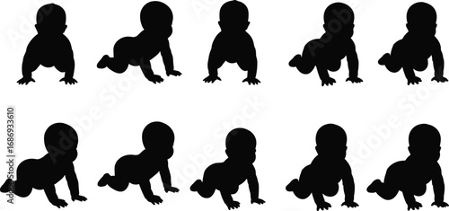 Baby crawling silhouette collection, infant growth stages vector set, toddler development poses, child activity icons, early childhood movement illustration