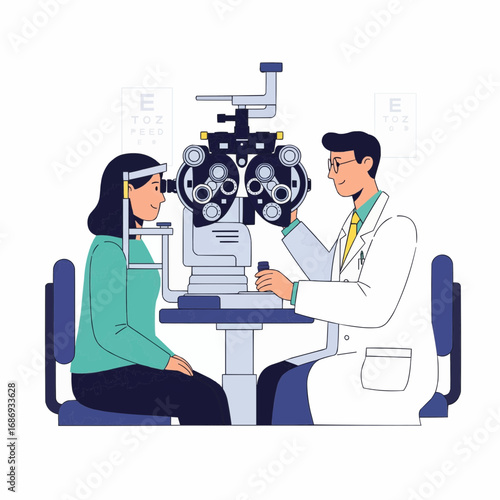 Optometrist Performing Eye Exam Using Diagnostic Equipment
