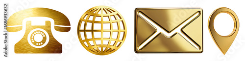 Golden icons for communication phone globe mail and location symbols for contact and business isolated on a white or transparent background