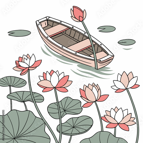 A serene illustration of a small boat floating gently among blooming lotus flowers and lily pads on calm water