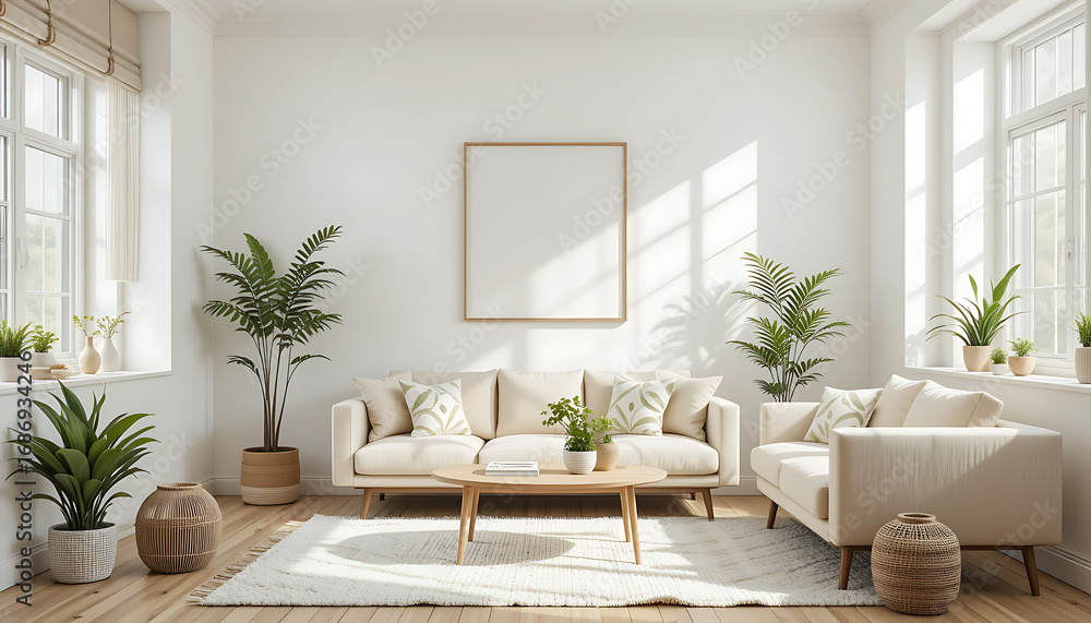 Fototapeta premium Elegant Interior with Grey Sectional Sofa and Wooden Table