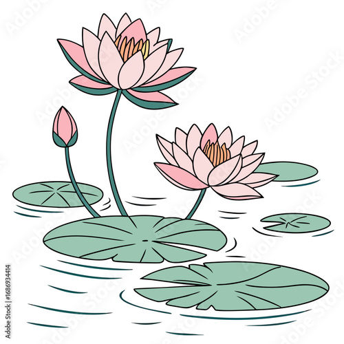Delicate pink water lilies and a bud float serenely on rippling water with green lily pads