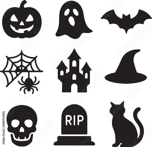 A captivating Halloween themed illustration showcasing a pumpkin, ghost, bat, spiderweb, castle, witch hat, skull, tombstone, and black cat, embodying spooky and festive spirit of Halloween