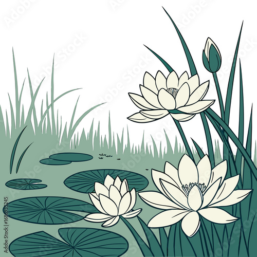 Serene pond scene with blooming white water lilies and lush green reeds