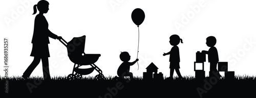 Family and children outdoor silhouettes, mother walking stroller, kids playing with balloon and toys, childhood activity vector illustration in park