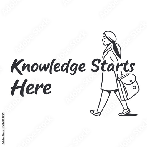 Illustration of a woman walking with a bag and text knowledge starts here