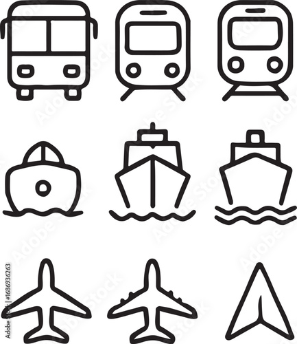 A Collection of Transportation Icons Showcasing Various Modes A set of nine icons representing bus, train, ship, and airplane is depicted with a clean and simple design