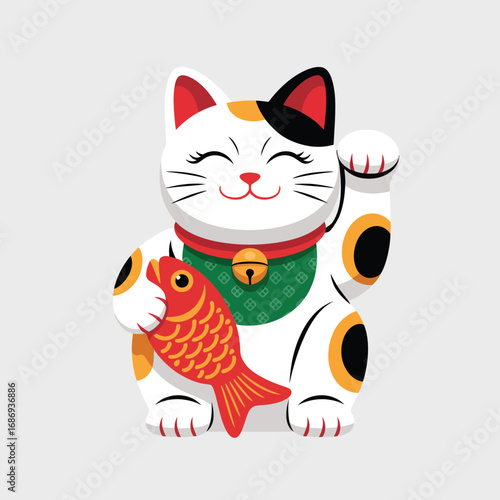 Lucky japanese maneki neko cat holding a red fish