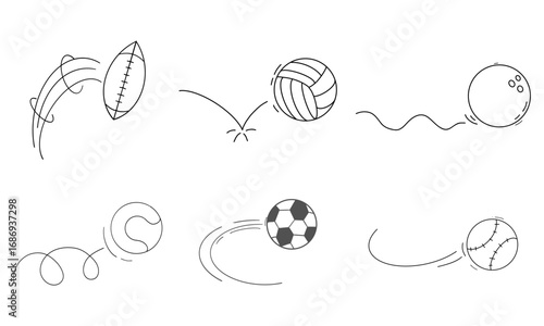 Bounced ball comic manga effect, doodle line hand drawn ball jump trajectory, ball motion expression. Sketch movement.