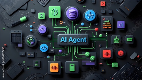 AI workflow automation artificial intelligence software interface nodes triggers data tool dashboard coding icon flow process technology 3d rendering