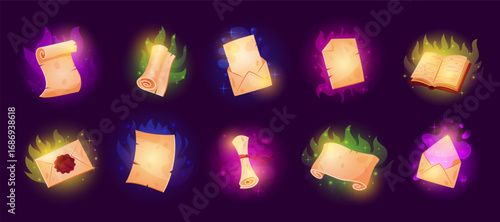 Magic scroll. Book page. Game icon. Cartoon paper letter. Message in envelope. Pirate strategy symbol. Old spell. Magical glow and fantasy light. Fairytale parchment. Vector garish manuscripts set