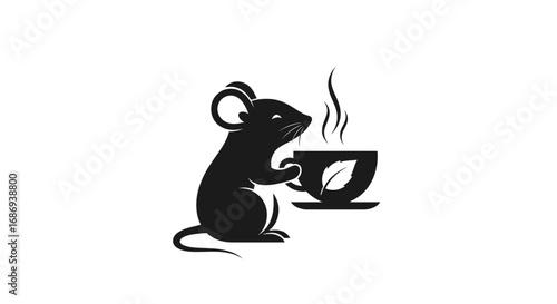 Charming black silhouette of a mouse enjoying a hot cup of tea.
