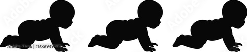 Baby crawling silhouette sequence, infant growth and movement illustration, child development stages, early childhood activity, toddler progress concept, vector design
