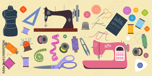 Craft tools for sewing. Yarn ball and fabric for sew machine. Tailor studio. Fashion dressmaking on mannequin. Handmade clothes workshop. Textile and button elements set. Vector clothing construction