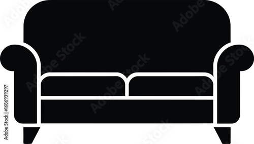 Elegant black sofa icon with rounded arms and two cushions isolated on a white background for interior design projects