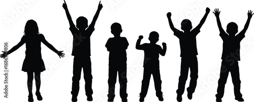 Black silhouette vector set of children standing in various playful poses with raised arms, expressing joy, fun, and childhood energy