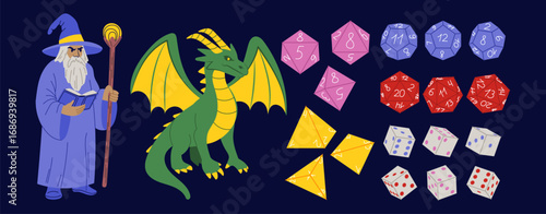 Fantasy RPG. Polygonal dices. Geometric future game pieces with luck chance. Dino numbers. Merlin wizard and dragon warrior. Magic battle. Board gaming elements set. Vector garish fairytale adventures