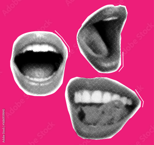 Halftone woman open mouth with different emotions,cut out elements for trendy collage design