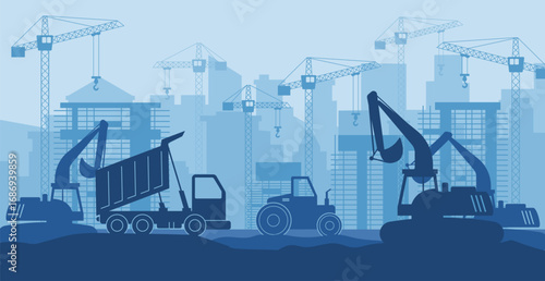 Machine silhouette. Construction industrial crane. Refinery infrastructure. Heavy equipment outline. Excavator and bulldozer working. Skyscrapers building. Vector icons garish architecture landscape