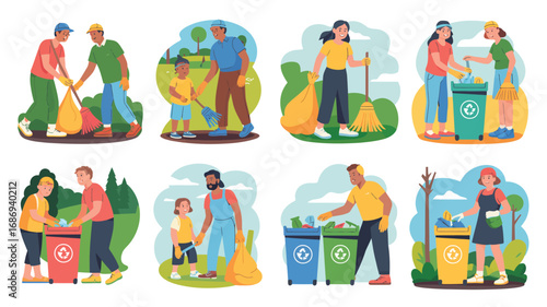 Diverse people participating in community cleanup and recycling efforts