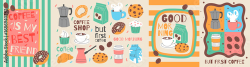 Coffee icon. Cafe drink and pastry. Caffeine beverage pot. Cappuccino cup. Croissant and cake. Kitchen decor. Poster with Arabica beans. Coffeehouse postcards. Vector garish cafeteria elements set