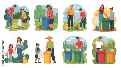 Families and children cleaning up parks and recycling together