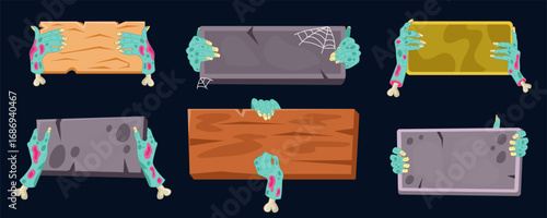 Zombie hands. Halloween cartoon board. Monster holding banners. Corpse arms with signboard. Dead limbs showing blank placard. Presentation plank with tombstone. Wooden or stone tablets vector tidy set