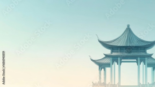 Traditional East Asian Pavilion with Tiered Roof Against a Clear Sky