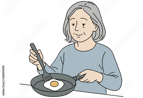 Senior woman cooking sunny side up egg in frying pan illustration for breakfast preparation, healthy lifestyle, family cooking, nutrition, senior life, culinary education, and kitchen related design p