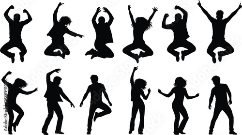 Black silhouette vector set of people dancing and jumping in dynamic poses, expressing energy, celebration, movement, rhythm, and joyful performance