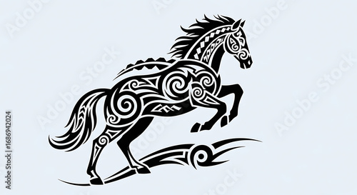 Wallpaper Mural A stylized black horse in a dynamic rearing pose, designed with intricate tribal tattoo swirls and patterns. Torontodigital.ca