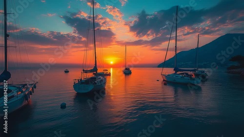 Beautiful Sunrise over Lake Garda with Sailboats and Mountain Scenery Creates Serenity