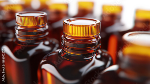 Amber Bottles Close-Up: A macro shot of a row of amber-colored bottles, with their golden caps in sharp focus, create a visual representation of the beauty and intricacy of detailed glasswork.