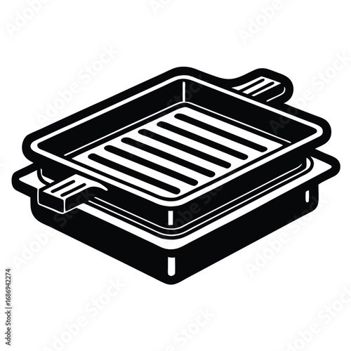 Isometric Grill Pan Illustration Black and White: A Culinary Icon for Cooking, Kitchenware, and Delicious Grilling Experiences at Home