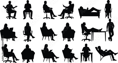 Black silhouette vector set of therapy and counseling session scenes with therapists and clients, illustrating mental health, communication, and supportBlack silhouette vector set of therapy 