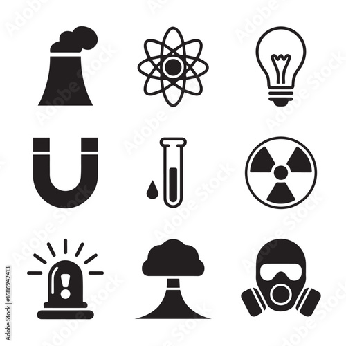 A collection of nuclear and scientific icons isolated on white background