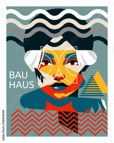Art Bauhaus poster. Woman portrait abstract design. Creative female face. Geometric line shapes. Flat line zigzags and minimalist triangles collage. Exhibition brochure. Vector trendy graphic card