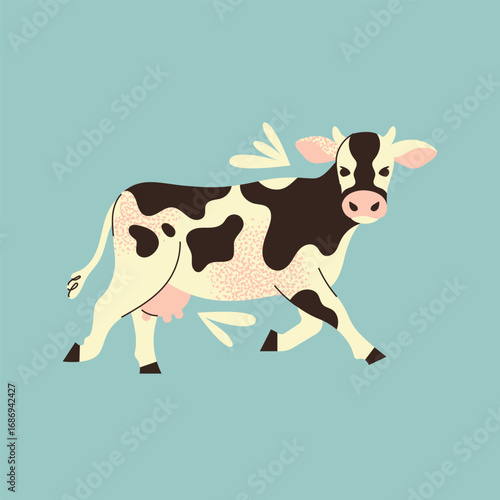Cute black and white cow vector illustration. Spotted farm animal, dairy livestock, cartoon character. Flat graphic element for dairy farm, agriculture concept