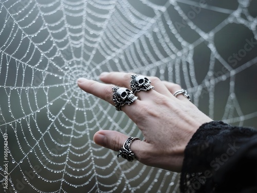 A hand gothic jewelry skull ring spiderweb dew silver fashion dark style mysterious accessory finger closeup wet lace alternative punk metal unique artistic moody elegant detail creative spooky
