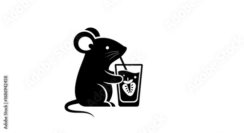 Black silhouette of a cute mouse drinking from a glass.